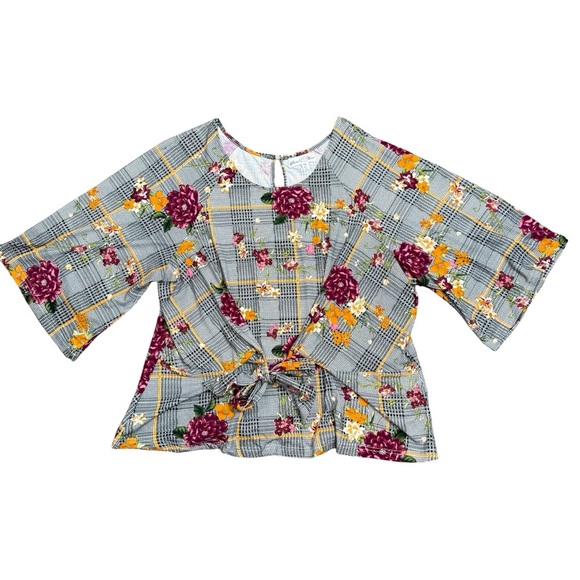 Chic Floral Checkered Knot Front Blouse - Picture 2 of 8